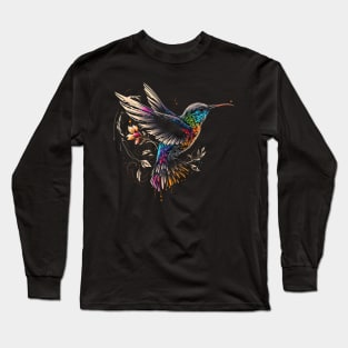 Rainbow Hummingbird with Elegant Flowers Long Sleeve T-Shirt